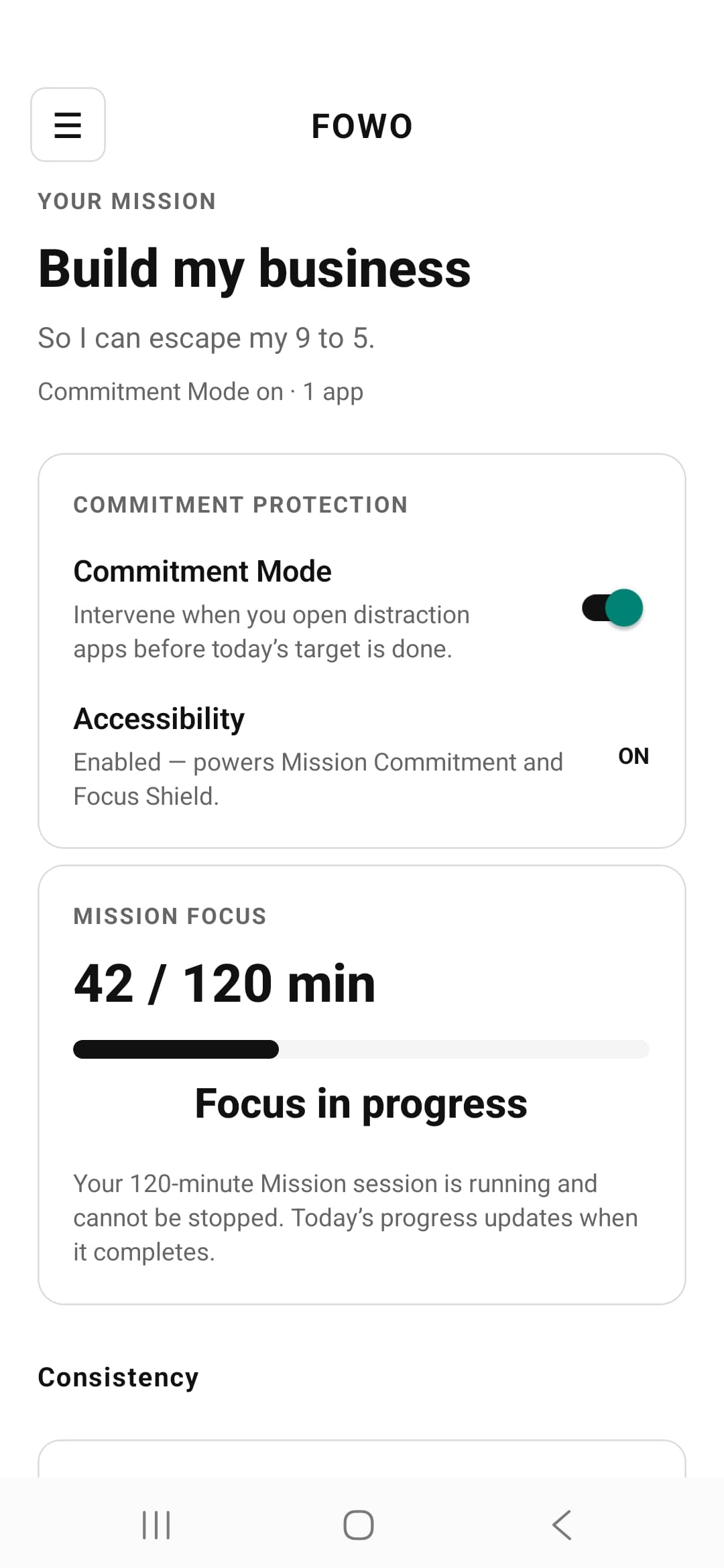Mission Mode dashboard with daily target and Commitment