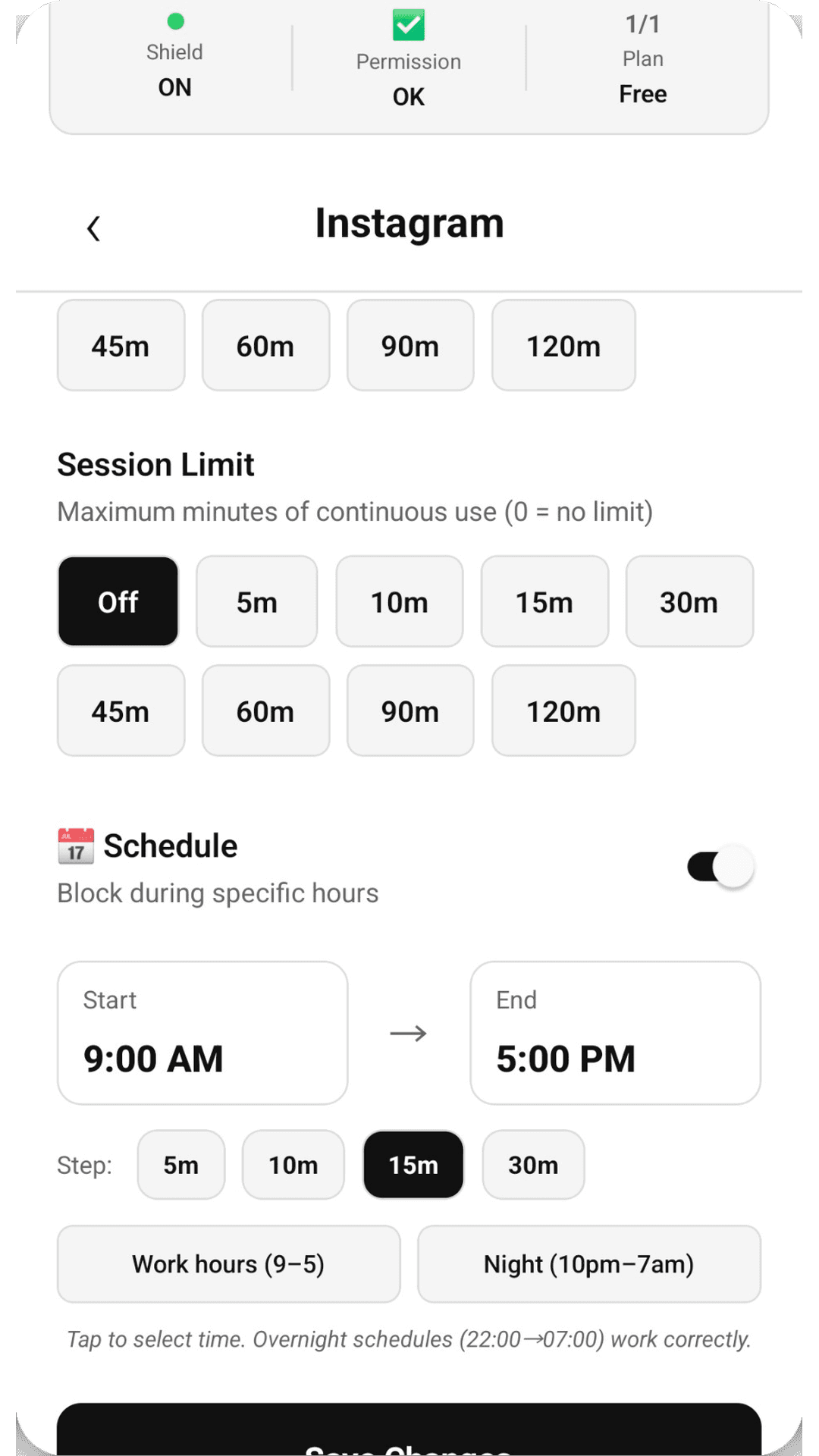 Schedule and limits configuration screen